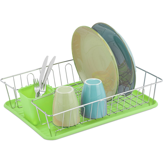 Relaxdays - Dish Drainer, hwd: 11.5 x 43 x 34 cm, Drying Rack, Drip Tray, Cutlery Holder, Metal & Plastic, Green