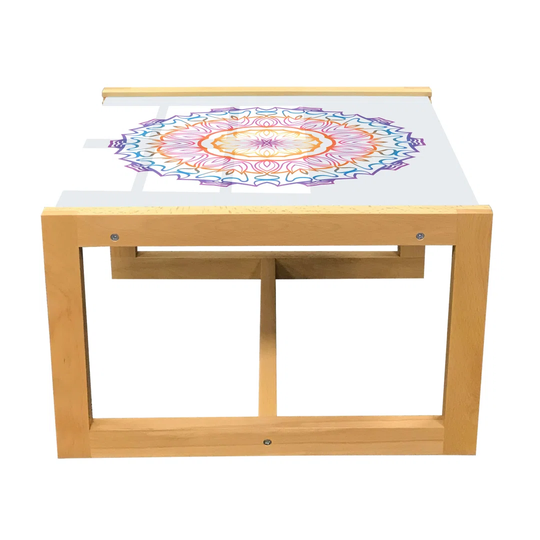 Middle Eastern Coffee Table, Colored Line Art Mandala Along Floral Lines Rainbow Fun Motif Print, Acrylic Glass Center Table With Wooden Frame For Off