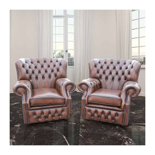 Pair Chesterfield Monks High Back Wing Chair uk Manufactured Armchair Antique Brown Leather