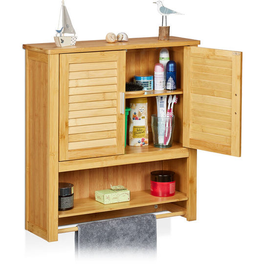 Wall Cabinet lamell Bamboo, with Towel Holder, 3 Shelves, 2 Doors, Bathroom, HxWxD: 66x62x20 cm, Brown - Relaxdays