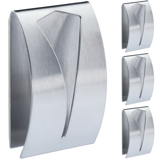 Towel Hooks, Set of 4, Self-Adhesive & Detachable, Matt Stainless Steel, Kitchen & Bathroom, Square, Silver - Relaxdays