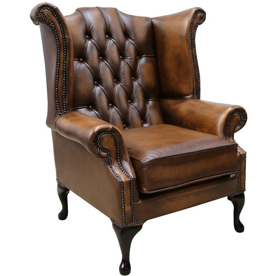 Chesterfield Georgian Queen Anne Wing Chair Antique Tan Leather