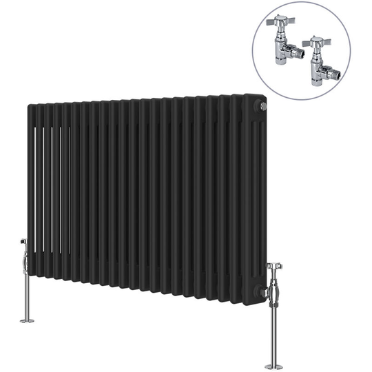NRG - Traditional Rad Cast Iron Style Radiator Black + Chrome Angled Traditional Radiator Manual Valves 600x1010mm Horizontal Triple Column