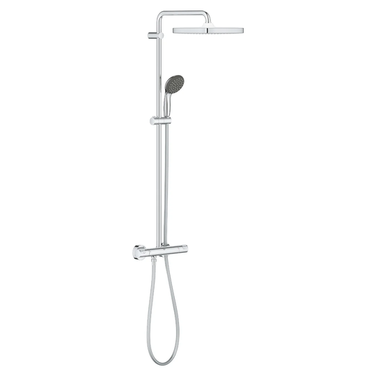 GROHE Vitalio Start 250 Cube shower system with water-saving EcoJoy. Chrome finish. With thermostatic mixer, soft square 250mm head shower and 100mm 2