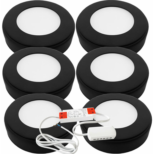 Loops - 6x matt black Round Surface or Flush Under Cabinet Kitchen Light & Driver Kit - Natural White led