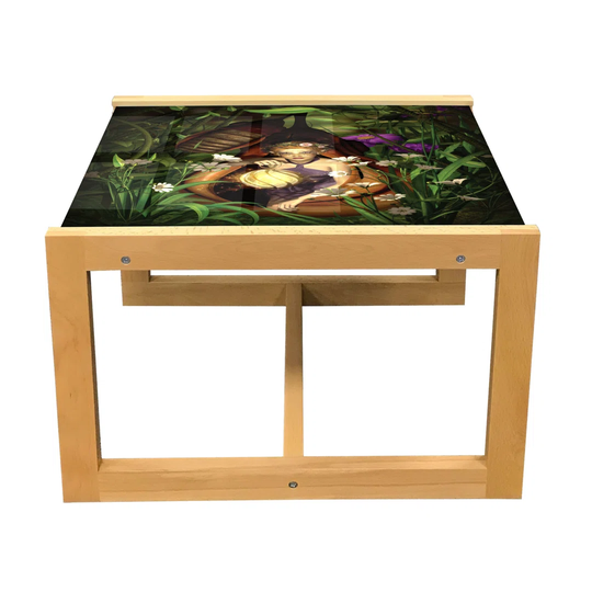 Cartoon Coffee Table, Female Forest Elf Sitting In Cocoon Mysterious Greenery Nighttime Woodland Print, Acrylic Glass Center Table With Wooden Frame F