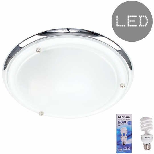 Minisun - IP44 Glass Flush Bathroom Ceiling Light + 13W es E27 Bulb - Chrome