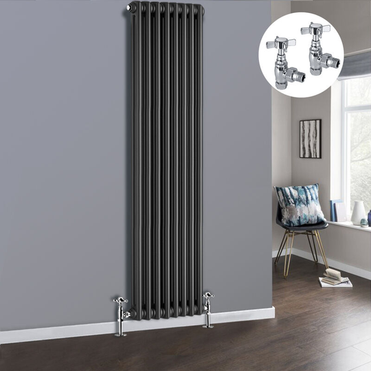 Anthracite 2 Column Traditional Cast Iron Style Radiator with Chrome Angled Cross Head Manual Valves Vertical 1800x380mm