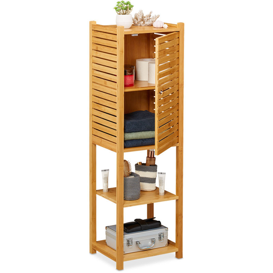 Bamboo Bathroom Cabinet, 5 Shelves, 1 Cupboard with Door, Kitchen Storage Unit, hwd: 113 x 35 x 29 cm, Natural - Relaxdays