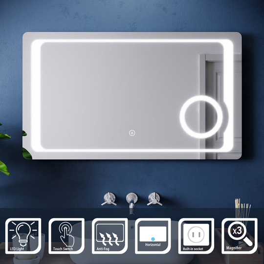 1000x600mm Bathroom led Mirror Frosted Edge Wall Mounted Illuminated Mirror with Anti-Fog, Shaver Socket, 3 Times Magnifying - Elegant