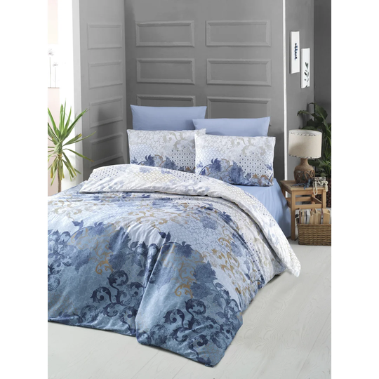 Olin Blue/White/Brown Cotton Satin 210 TC Duvet Cover Set