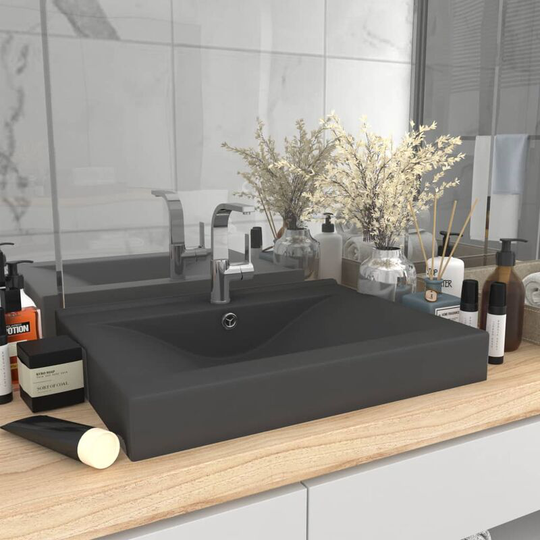 Luxury Basin with Faucet Hole Matt Dark Grey 60x46 cm Ceramic FF147027_UK - Topdeal