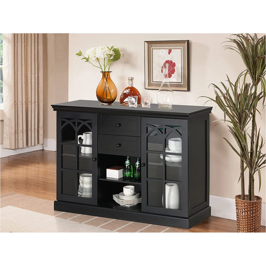 Black Sideboard Buffet Storage Cabinet With 2 Glass Doors & 2 Drawers Display Glass Cabinet Coffee Bar Modern Farmhouse Style Entryway Cabinet For Kit