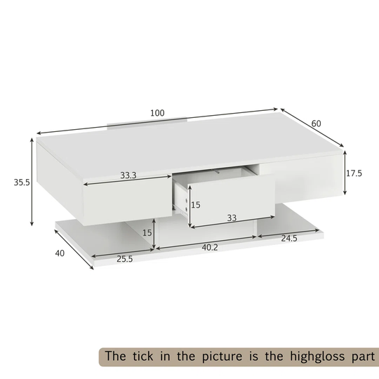 2 Drawers Coffee Table High Gloss Storage Cabinet White With Storage Drawers Large End Table High Gloss Sofa Table 100CM