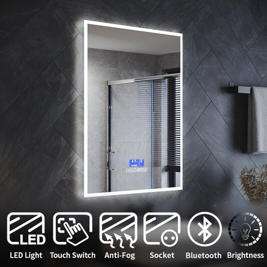 Elegant - Bluetooth Bathroom led Mirror Light with Shaver Socket Demister Pad Touch Switch Bright Adjustment Time Display Vertical/Horizontal
