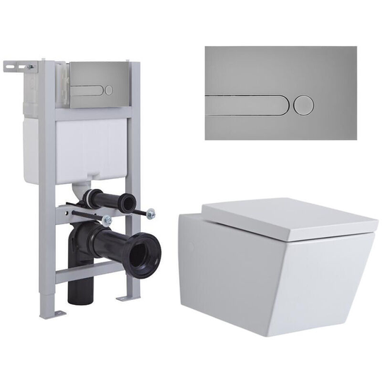 Milano - Dalton - White Ceramic Modern Bathroom Wall Hung Square Toilet wc with Short Wall Frame Cistern and Dot Satin Chrome Flush Plate