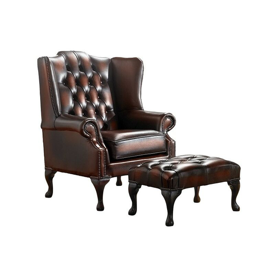 Chesterfield Handmade Mallory Flat Wing Back Armchair Antique Rust Leather + Footstool