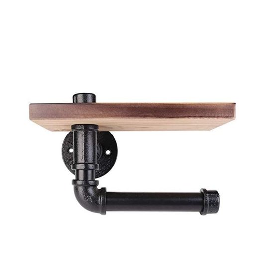 Toilet Paper Holder Decorative Wall Shelf Industrial Style Steel Pipe With Wooden Shelf for Bathroom Decor
