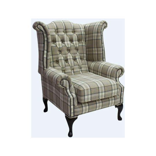 Chesterfield Queen Anne Wing Chair High Back Armchair Piazza Square Check Beige Fabric