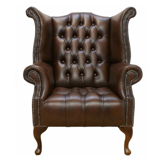 Chesterfield Buttoned Seat Queen Anne High Back Wing Chair uk Manufactured Antique Brown