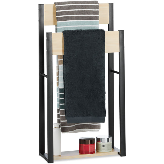Freestanding Towel Holder, U-Design, 2-Tier Bathroom Towel Rack, hwd: 86 x 45 x 19 cm, Wood + Steel, Natural - Relaxdays