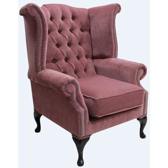 Chesterfield Fabric Queen Anne High Back Wing Chair Pimlico Plum