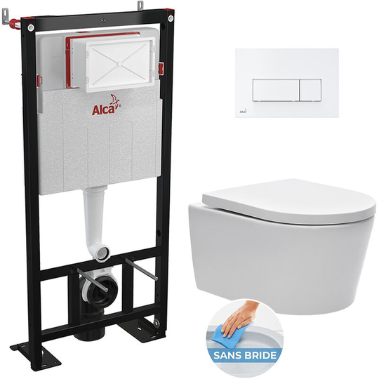 Alca - Toilet set Self-supporting frame +rimless wall-hung toilet, invisible fixings + white two-touch flush plate ( SATrimless-4)