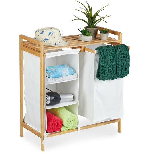 Relaxdays - Shelf with Laundry Basket, Bamboo, 3 Compartments Storage, Bathroom, hwd: 73.5 x 64.5 x 33 cm, Natural/Beige
