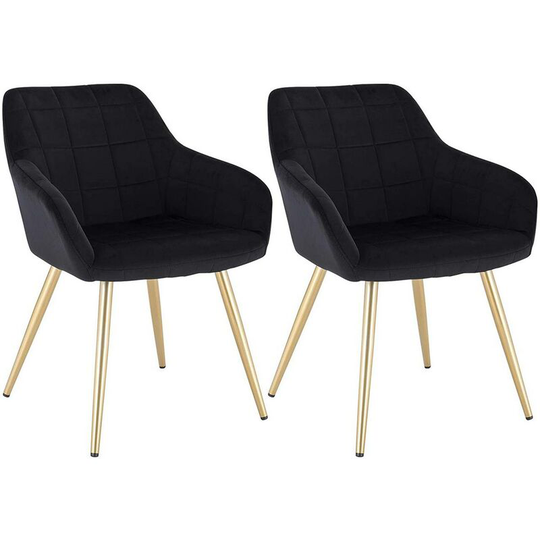 Set of 2 Kitchen Dining Chairs Velvet Armchairs with Padded Seat Metal Leg Black - Black - Woltu