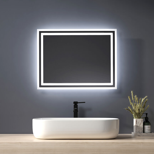 Heilmetz Modern Illuminated LED Bathroom Mirror 450 x 600mm Wall Mounted Mirror with Touch Switch + Demister + 2 light colors
