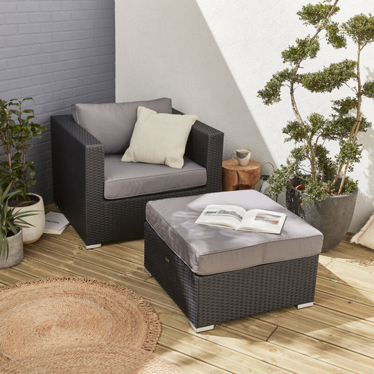 Garden sofa sets - armchair and footstool in rattan - Black, grey cushions - Black