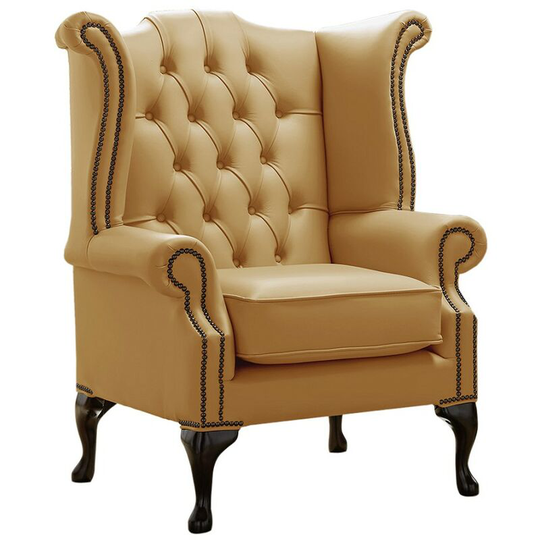 Chesterfield Queen Anne High Back Wing Chair Shelly Parchment Leather