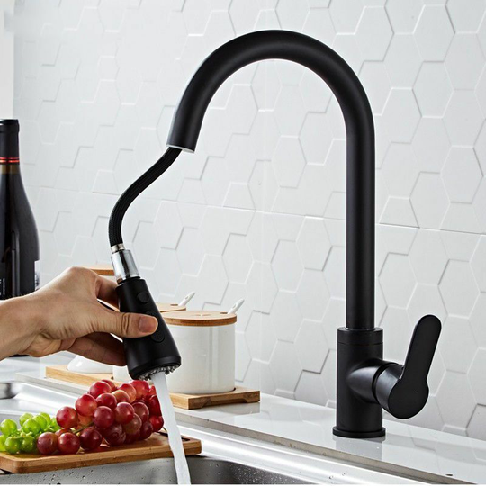 304 stainless steel brushed black flat three-way kitchen sink sink pull hot and cold water faucet - Litzee