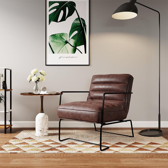 Brown Mid-Century pu leather Linen Armchair with Metal Base - Livingandhome