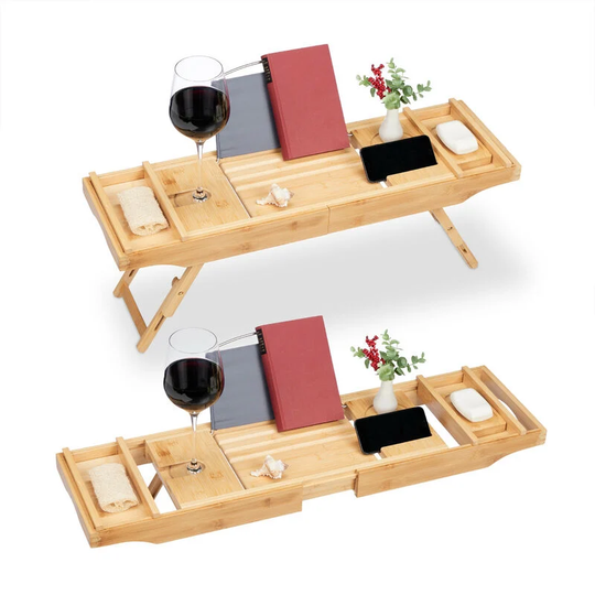 Relaxdays - Bathtub Tray, Bamboo, Extendable from 75-115 cm, Caddy with Legs, Book Support & Wine Glass Holder, Natural