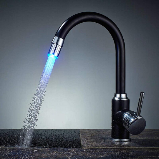 Led Single Handle Black Spray Paint Faucet Rotary Hot and Cold Water Faucet for Single Hole Kitchen Sink