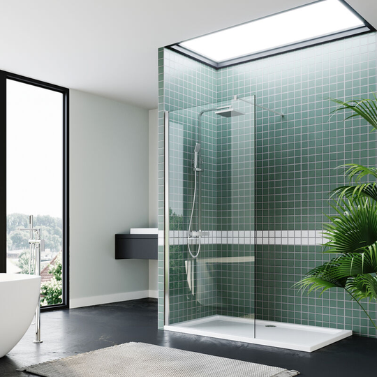 800mm Tempered Glass Screen Walk in Shower Door Wet Room + Bathroom Base Tray 1400x700mm + Thermostatic Shower Valve Set + Free Waste Trap - Elegant
