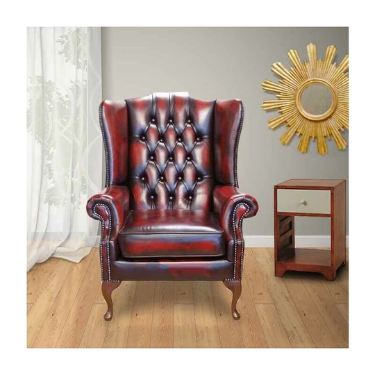 Chesterfield Prince's Mallory Flat Wing Queen Anne High Back Wing Chair UK Manufactured Antique Oxblood