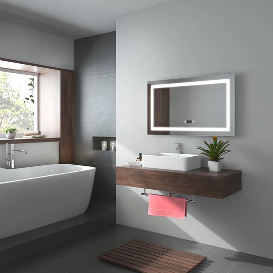 LM05 Bathroom Mirror With Lighting, Fog Free Light Mirror Wall Mirror 80X60 Cm Led Bathroom Mirror With Touch, Clock, Led Bathroom Mirror Cold White B