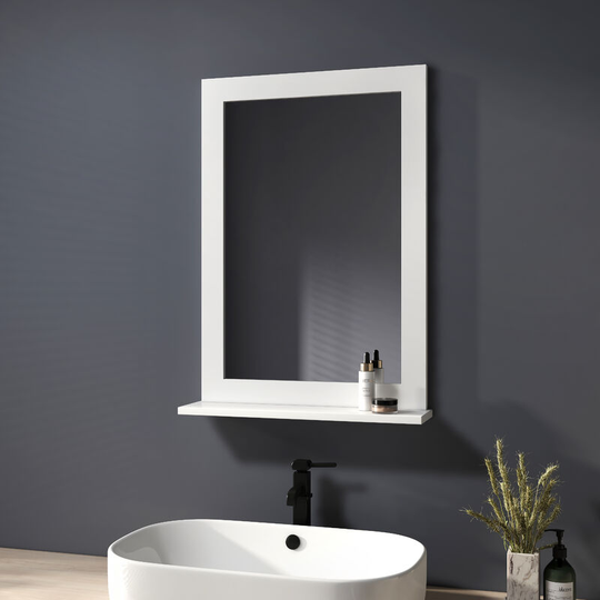 White Mirror Bathroom Mirror with Shelf Wooden Frame Wall-Mounted Mirror with Wooden Shelf Wall Hanging Mirror 500x700mm - Heilmetz