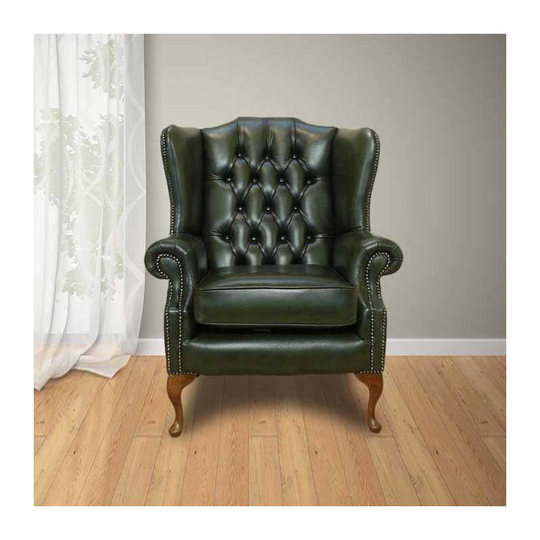 Designersofas4u - Chesterfield Highclere Flat Wing Queen Anne High Back Wing Chair uk Manufactured Antique Green