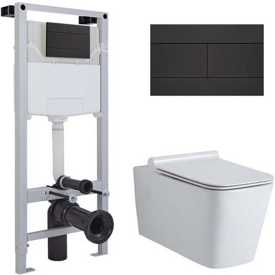 Milano - Elswick - White Ceramic Modern Bathroom Wall Hung Square Toilet wc with Tall Wall Frame Cistern and Black Flush Plate