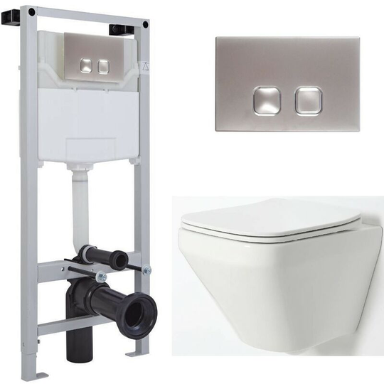 Milano - Farington - White Ceramic Modern Bathroom Wall Hung Rimless Toilet with Tall Wall Frame, Cistern and Chrome Square Flush Plate
