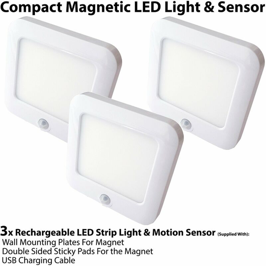 3x Rechargeable Magnetic led Square Light & pir Motion Sensor - Cupboard Cabinet Kitchen Unit Mini Auto Spotlight