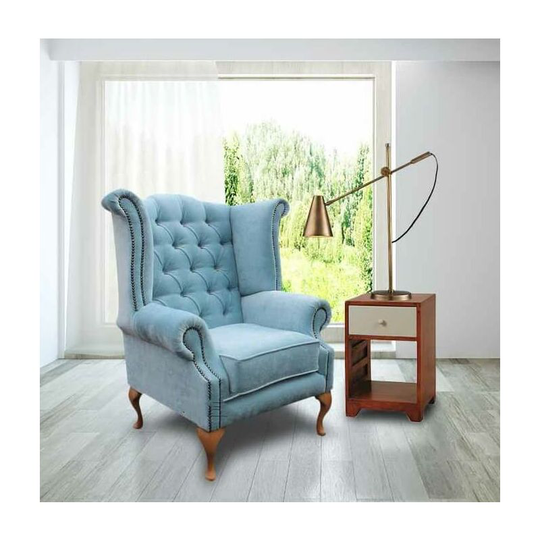 Chesterfield Fabric Queen Anne High Back Wing Chair Duck Egg Blue Yew Feet