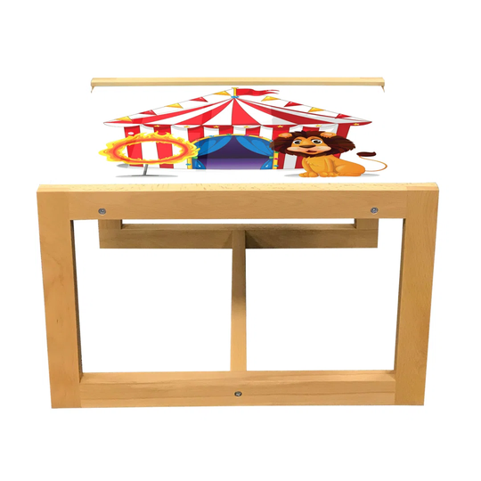 Circus Coffee Table, Lion And A Ring In Front Of The Circus Tent Blazing Adventure Dangerous Print, Acrylic Glass Center Table With Wooden Frame For O