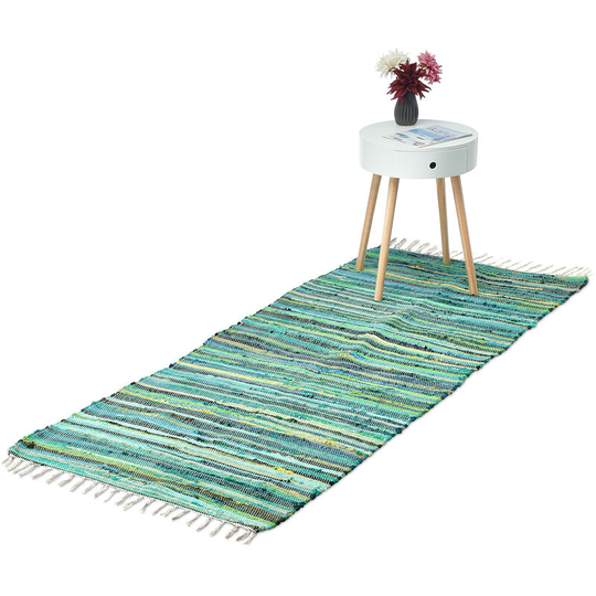Flatweave rug, made of cotton, anti-slip, runner with tassels, floor rug, size 80 x 200 cm, shades of green - Relaxdays