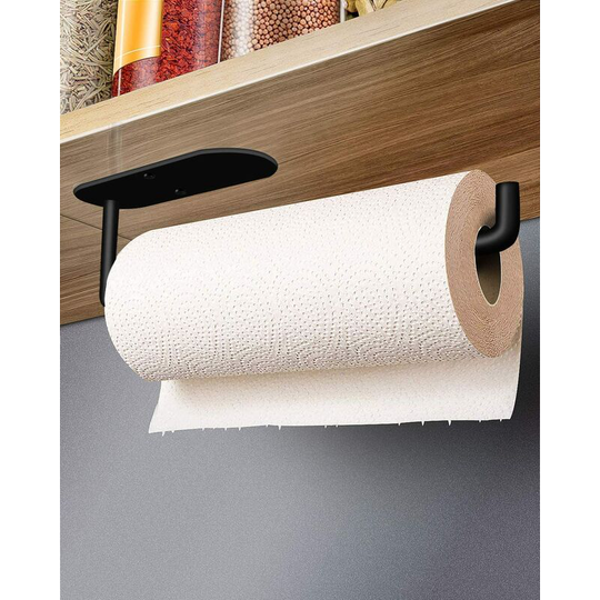 Paper Towel Holder-Self Adhesive or Drilling,Under Cabinet Sticky Paper Towel Holder Wall Mount for Kitchen Bathroom, Stainless Steel-Black