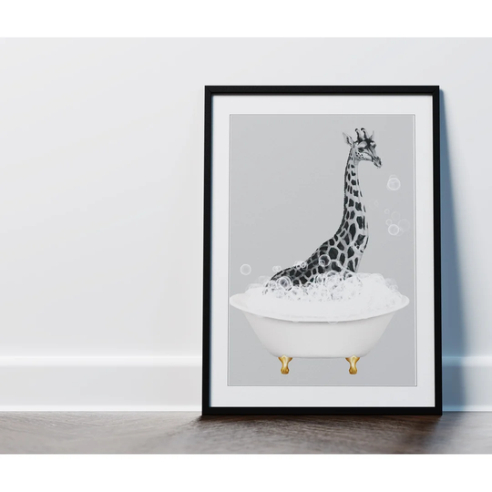 Vintage Giraffe In Bathtub Black White Grey Framed Bathroom Picture Wall Art Print - Picture Frame Art Prints