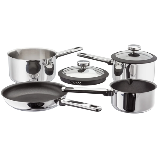 Stellar Stay Cool 4 Piece Stainless Steel Pan Set, 16cm Non-Stick Milk Pan, 18/20cm Saucepans with Draining Lid/ 24cm Non-Stick Frying Pan. Induction